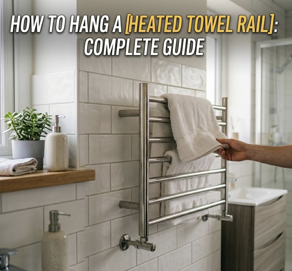 Heated towel rail mounted on a tiled bathroom wall